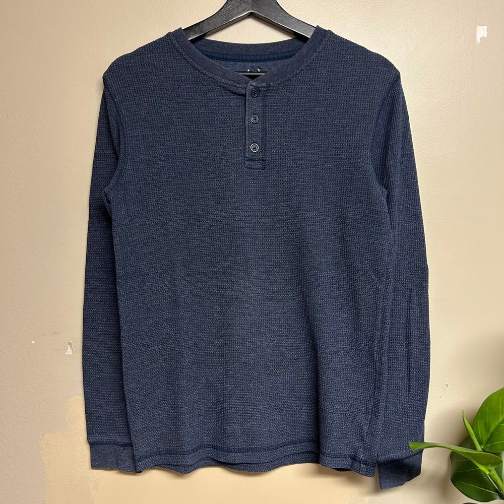 George Mens Navy Waffle Knit Henley Thermal Shirt Small Y2K Long Sleeve Top